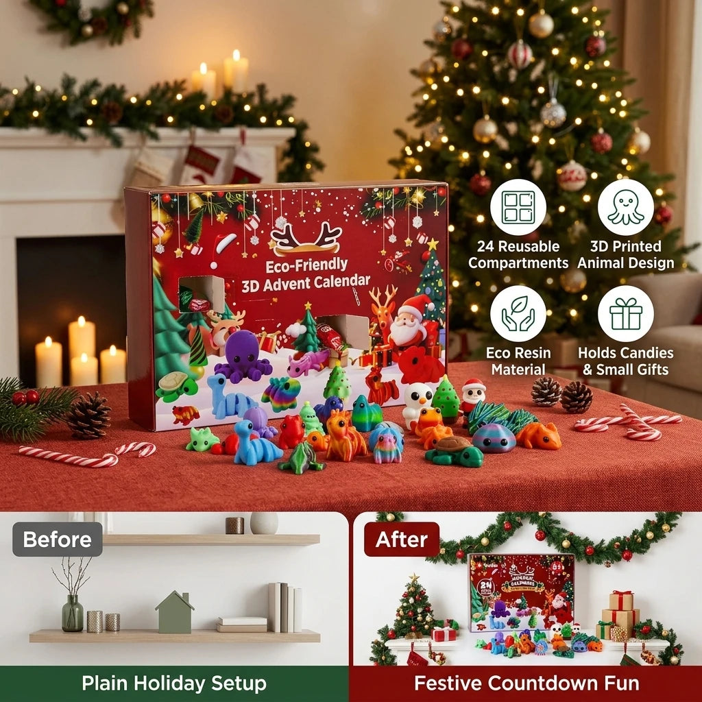 3D Printed Animal Advent Calendar 24 Day Countdown Decoration Resin Ornament for Christmas Winter Celebration Family Gift