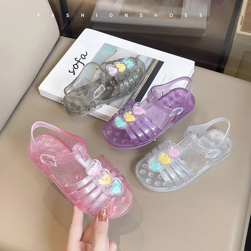 Fashion Girls Jelly Sandals New Summer Children's Shoes Girls Open-toe Crystal Love Shoes Children Baby Princess Beach Sandals