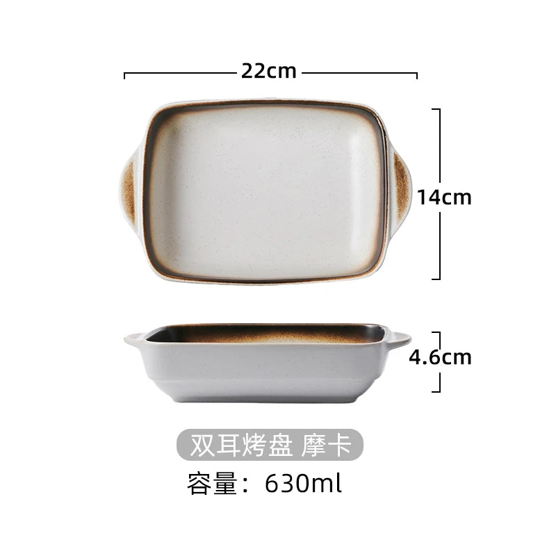 Japanese Tableware Binaural Baking Tray Ceramic Cheese Baked Rice Baking Bowl Oven Special Utensils with Tray Rectangular Plate