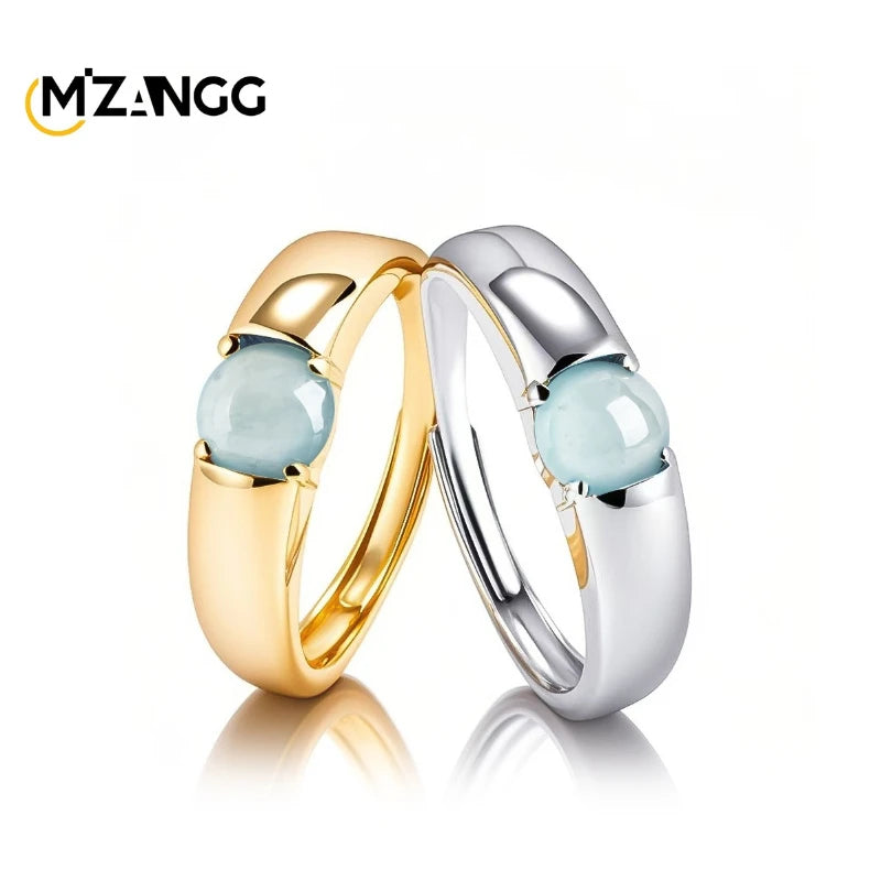 Natural Jadeite Blue Water S925 Silver Inlaid Egg Face Ring Fashion Luxury Glamour Women's Adjustable Jewelry