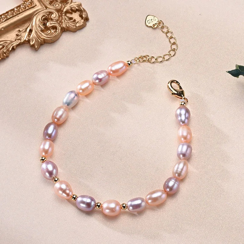Natural Freshwater Pearls Multicolored Bracelet Golden Small Beads S925 Sterling Silver Chain Fine Jewelry Gifts for Women
