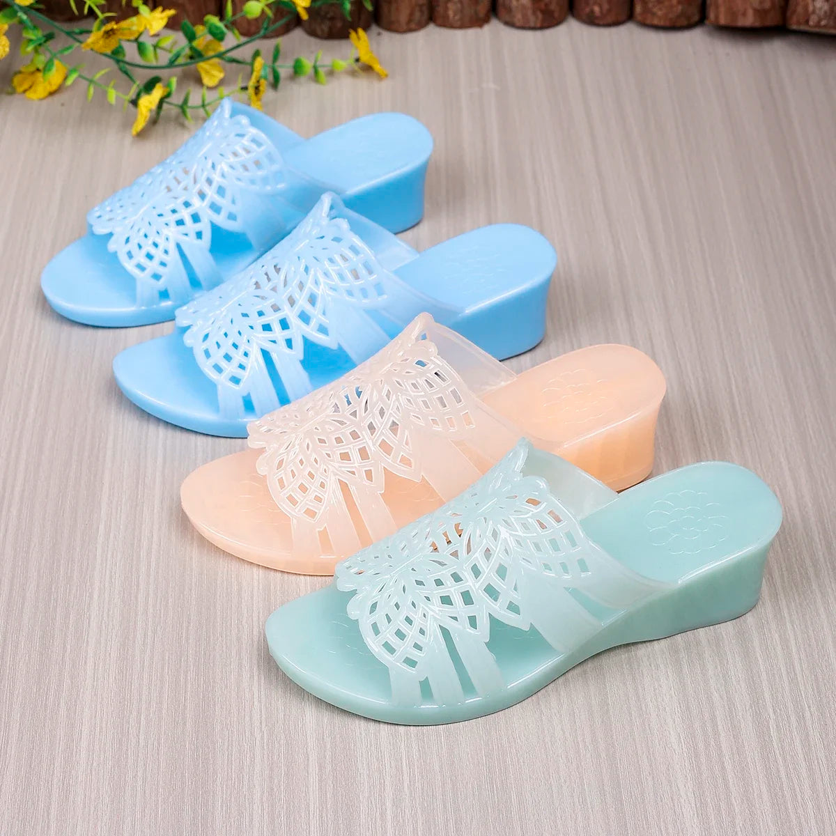 Summer Women Hollow Out Carved Jelly Slide Sandals Wedge Heel Non-Slip Waterproof Sole Beach Bathroom Home Daily Casual Shoes