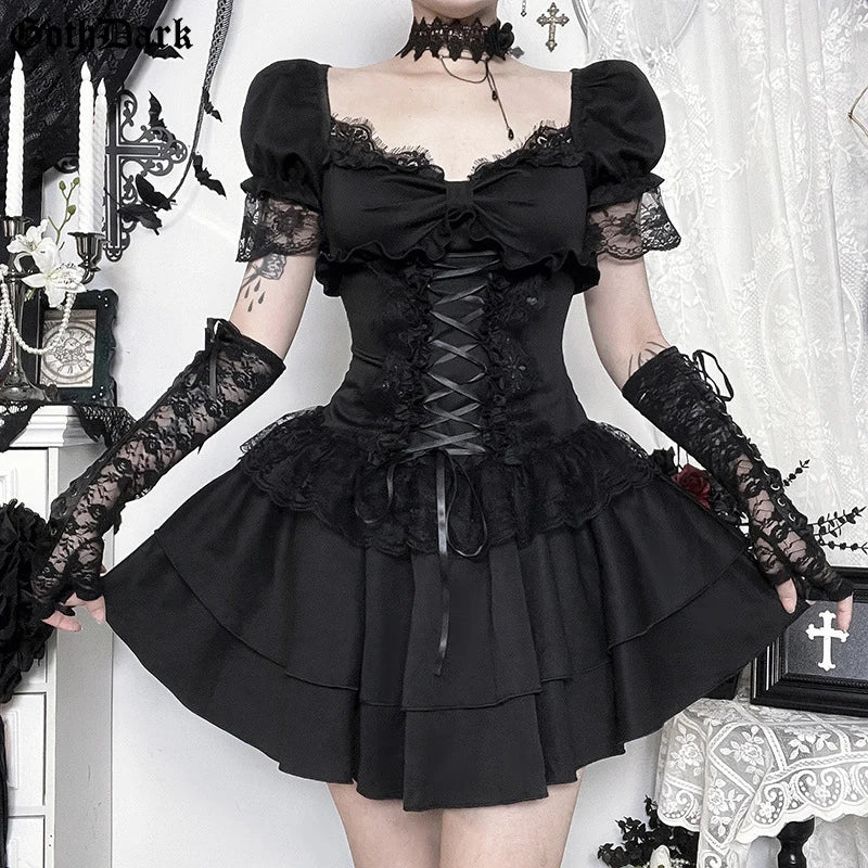 Goth Dark Gothic Lace Trim Puff Sleeve A-line Mini Dress Women Outfits Embellished Square Neck Dresses Bandage Lace Up Halloween