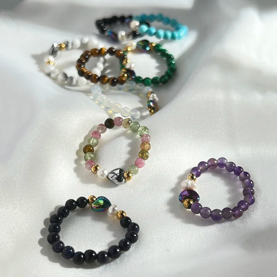 Bohemia Natural Stone Ring for Wedding Love Heart Jewelry Gifts Handmade Elastic Thread Adjustable Freshwater Pearl Women Rings