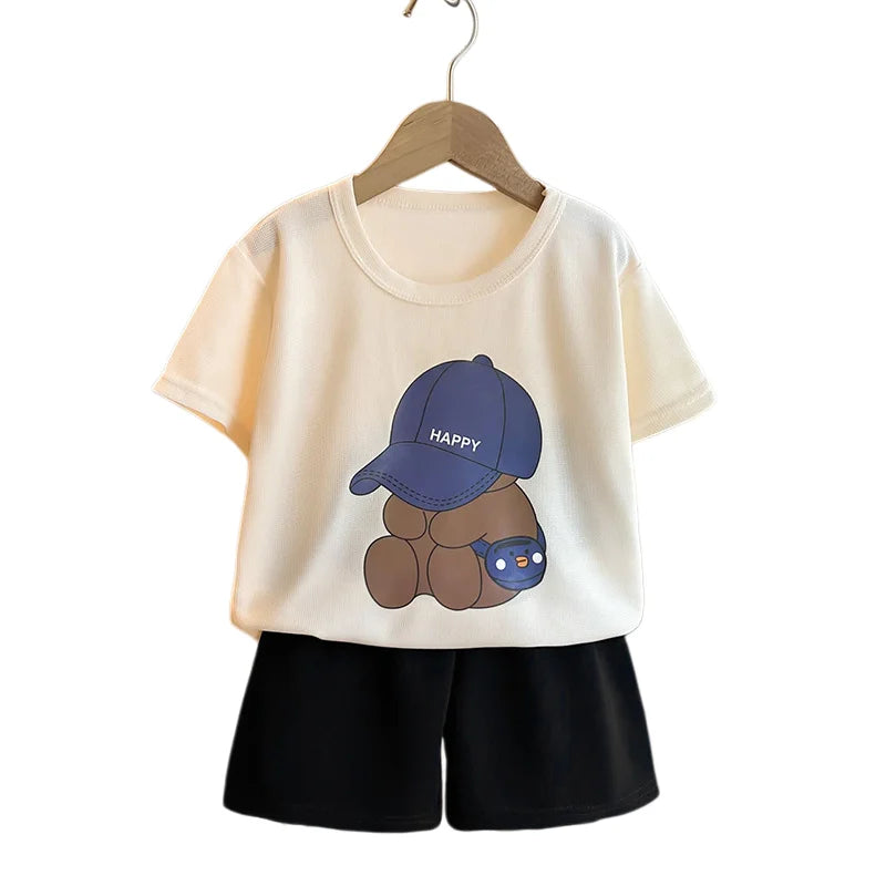 2026 Summer Kids Thin Outfit Girls Boys Cute Bear Print T-Shirt+Solid Color Shorts 2Pcs Clothing Loose Soft Children Set