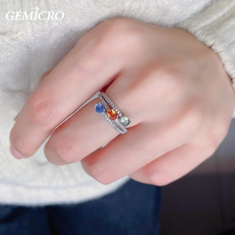 Gemicro Natural Colorful Sapphire Rings with Stones of 3X4mm and S925 Sterling Silver for Women Gifts and Birthstone Gem Jewelry