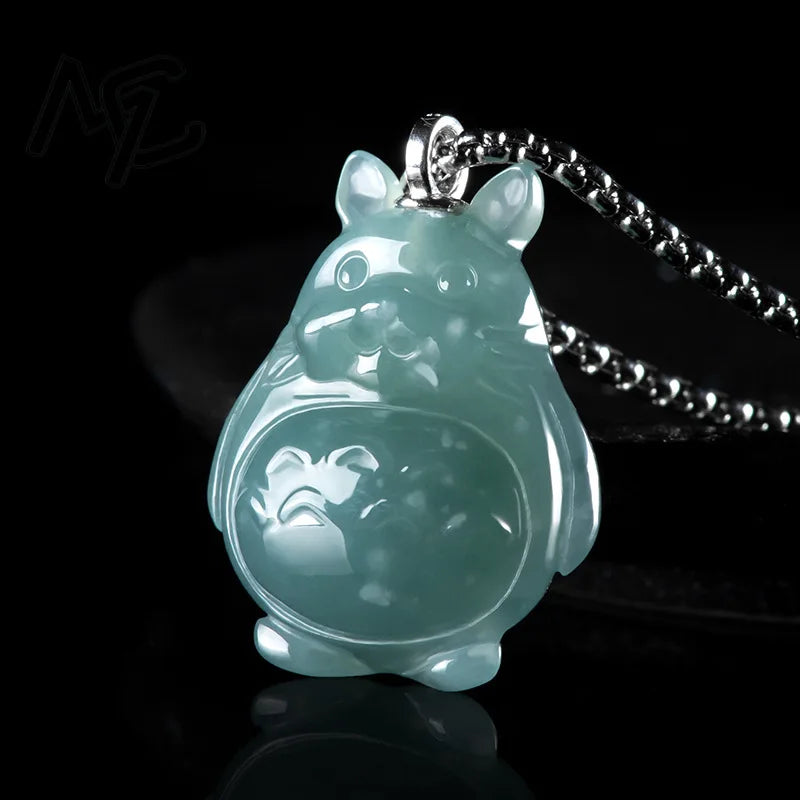 S925 silver Natural Blue Water Jade Cartoon Totoro Pendant Necklace Real Carved Charm Jadeite Jewelry Fashion Amulet Gifts Women