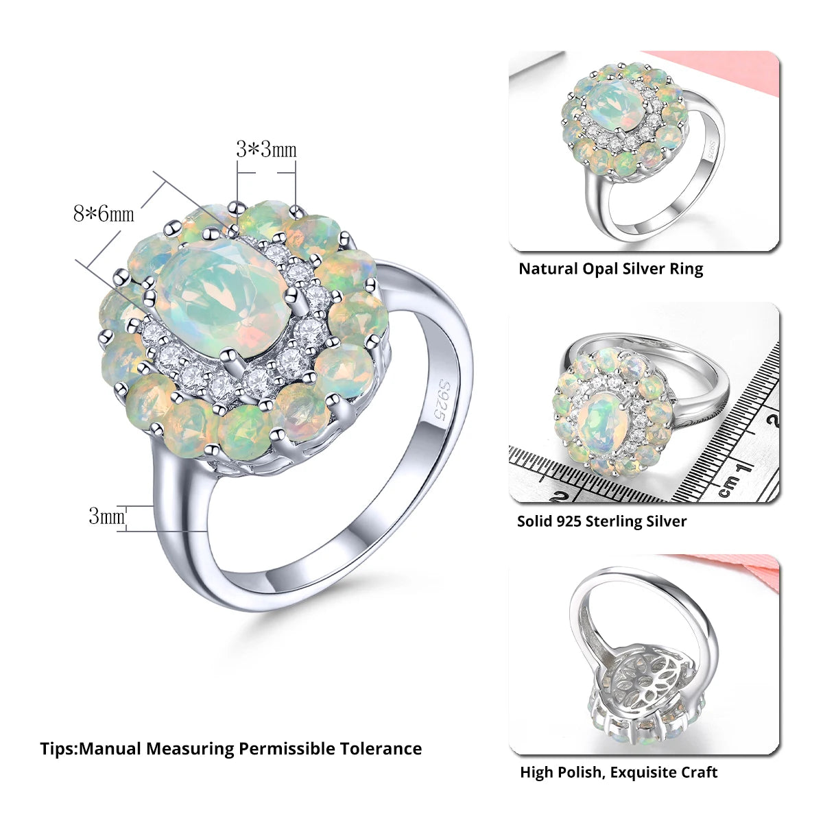 Natural Opal Solid Sterling Silver Rings 1.78 Carats Genuine Gemstone Romantic Classic Fine Jewelry Design S925 Women Birthday