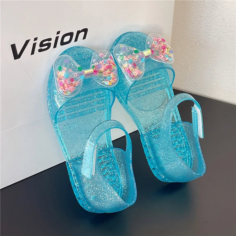 Summer Bow Crystal Jelly Girl Casual Princess Sandals Children Closed-Toe Non-Slip Soft Sole Beach Shoe Kids Casual Outdoor Shoe