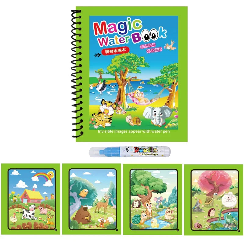 1PC Children's Watercolor Painting Magic Book with Refillable Water Pen for Children Animal Cartoon Painting Book Education Toys