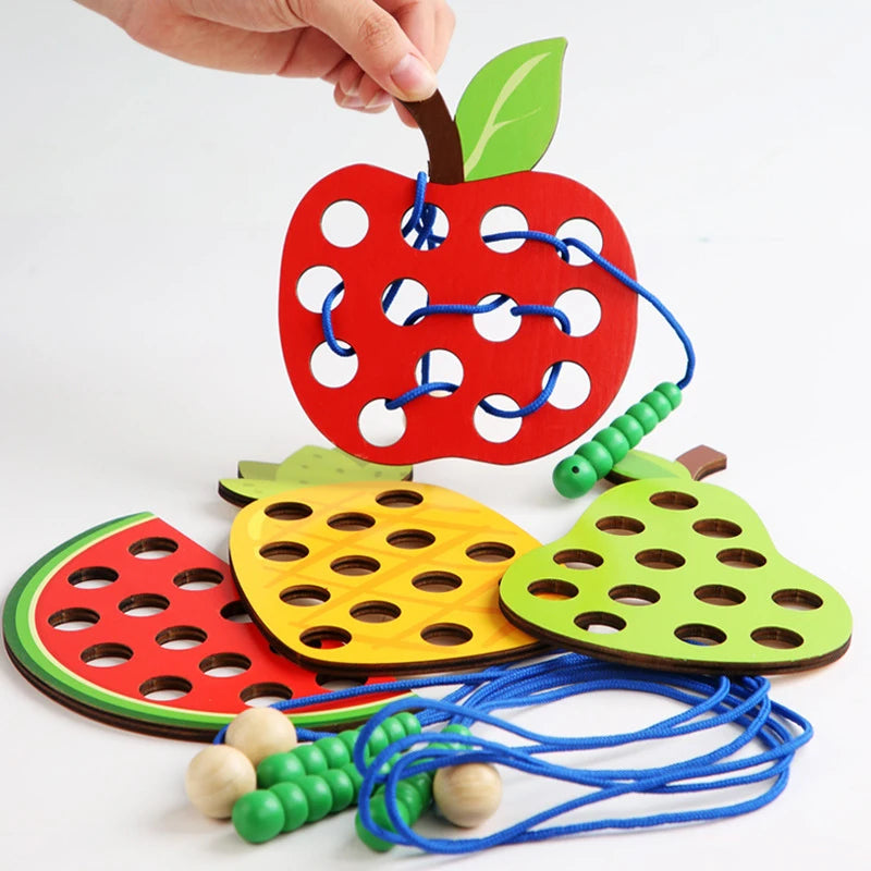 Fruits Threading Teaching Toys Wooden Lacing Toy Kids Toddlers Fine Motor Skills Toy Activity Early Educational Toys Boys Girls
