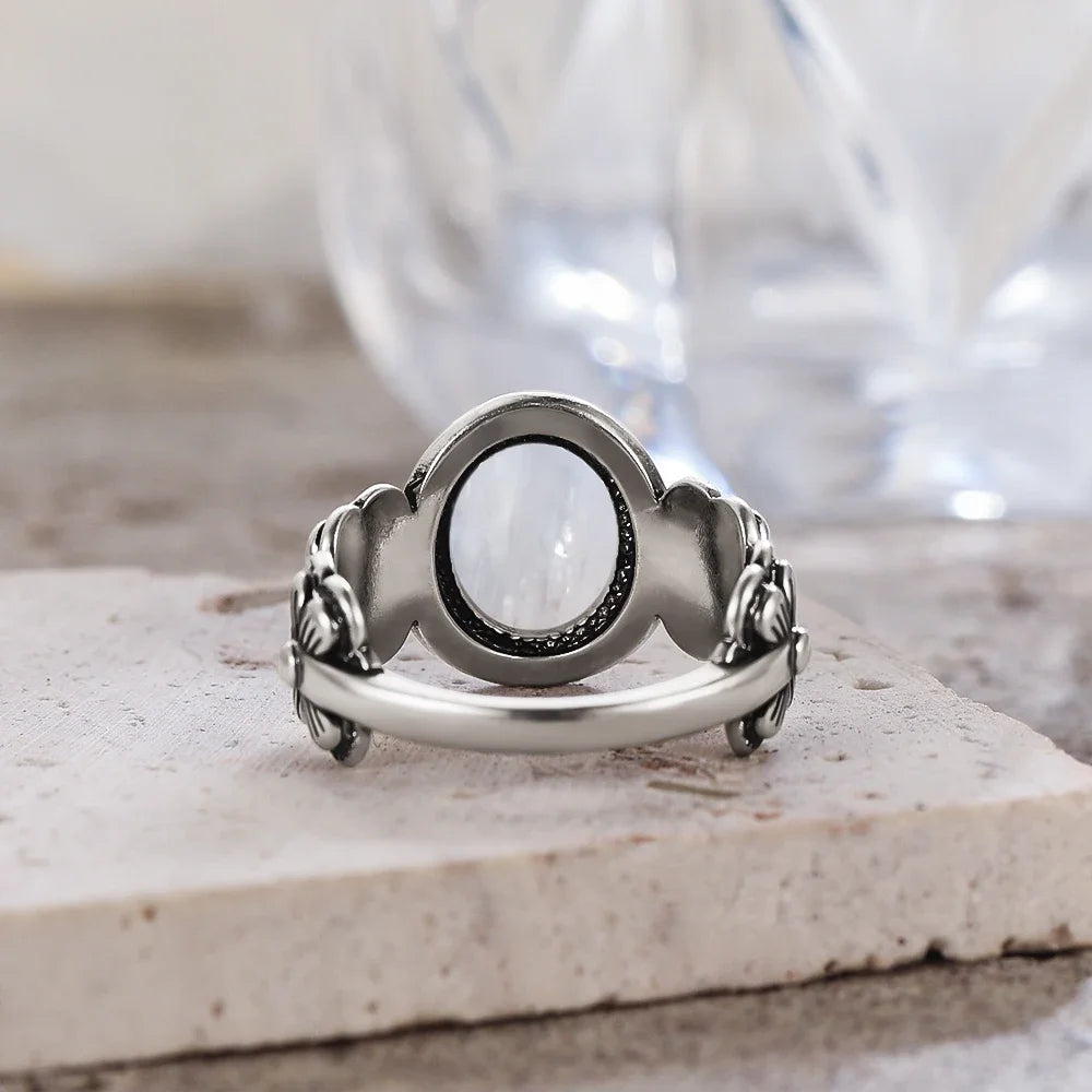 Vintage S925 Sterling Silver Rose Flower Ring With Oval 8*10mm Natural Moonstone Sweet Ring Fine Jewelry For Woman