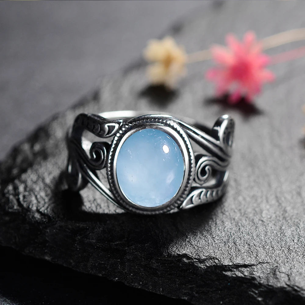 Natural 8x10MM Tiger's Eye Rings Vintage S925 Silver Finger Ring for Women Gift Luxury Rhodochrosite Stone Jewelry