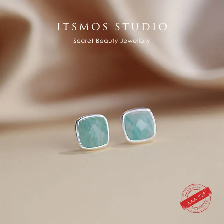 ITSMOS Amazonite Stud Earrings Square Bezel S925 Sterling Silver Earring Blue Green Natural Stone Jewelry for Women Girls