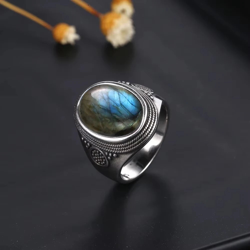 Vintage S925 Sterling Silver Natural labradorite Moonstone Ring 10x14MM Large Turquoise Lapis Retro Ring For Women Men