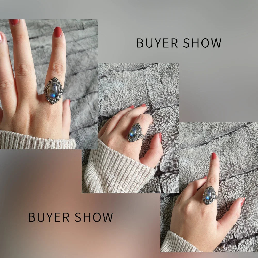 S925 Silver Ring Oval Natural Black Onyx Rings Finger Ring Retro Black Labradorite Fine Jewelry Party For Women Men