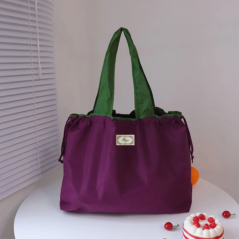 Large Capacity Reusable Shopping Bag Fashion Eco-Friendly Drawstring Grocery Bag Casual Travel Waterproof Shoulder Handbag