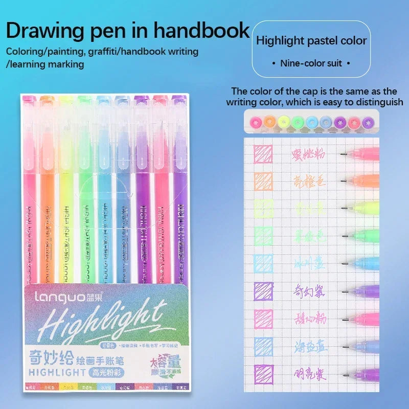 Languo Gel Pen Large Capacity Handbook Pens 6/9Pcs 0.6mm Student Art Diy Doodling Drawing Markers Office Kawaii Art Stationery