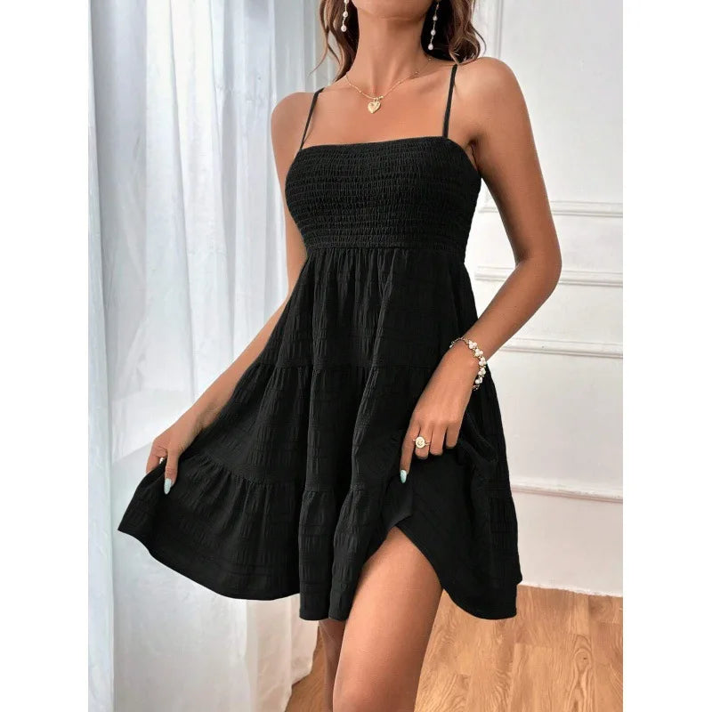 Women's Fashion Spaghetti Strap Smocked Bustier Mini Dress Blue Ruffled Tiered Swing Dress Summer Casual Vacation Beach Wear