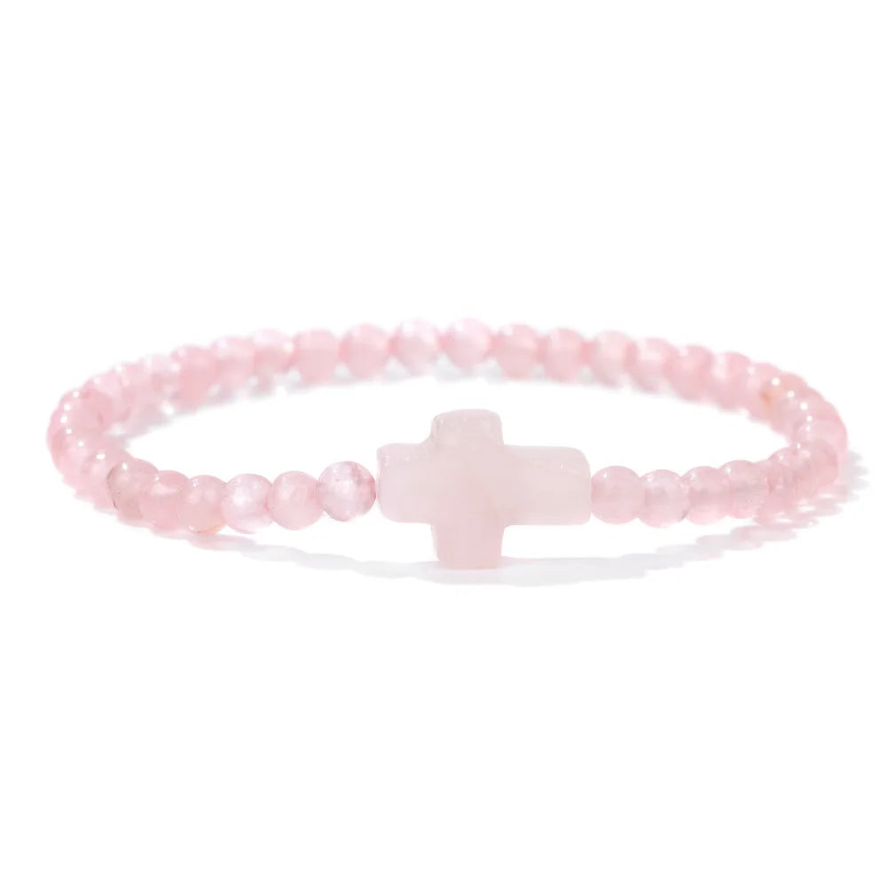 Trendy 4mm Beads Bracelet Stone Cross Charms Bracelet For Women Natural Gems Crystal Bangles Handmade Jewelry Men Yoga Prayer