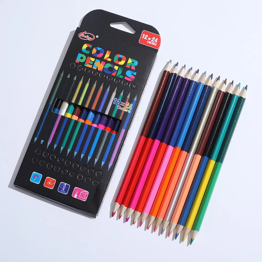 24 Colors Double Headed Pencils for Children Professional Drawing Sketching and Pastel Art Premium Student School Art Supplies