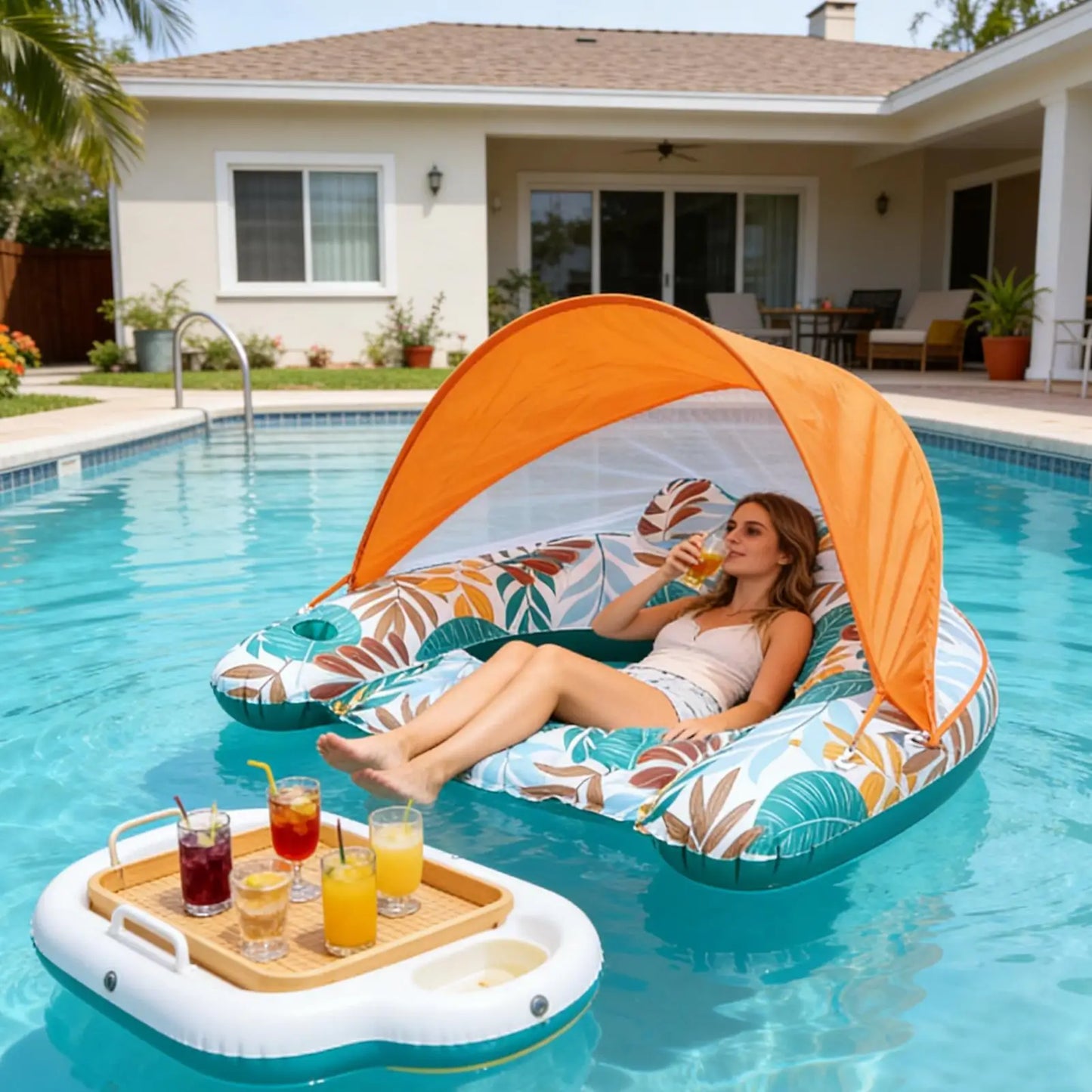 Pool Float with Canopy Blow Up Floating Chair Lounge Swimming Pool Float with Ergonomic Headrest for Summer Beach Vacation