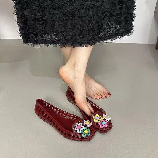 Transparent Crystal Jelly Sandals Hollow Slippers Korean Design Shoes Women's Sauare Toe Shallow Slip Ballet Square-toed Shoes