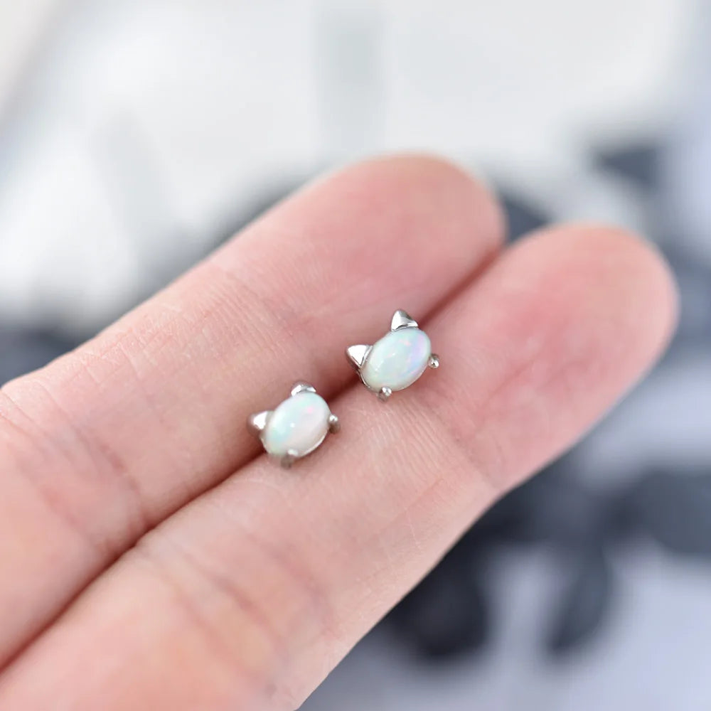 ITSMOS Opal Earrings s925 Sterling Silver Post Natural Fire Opal Cute cat Studs Delicate Simple Jewelry Women Lovely Gift