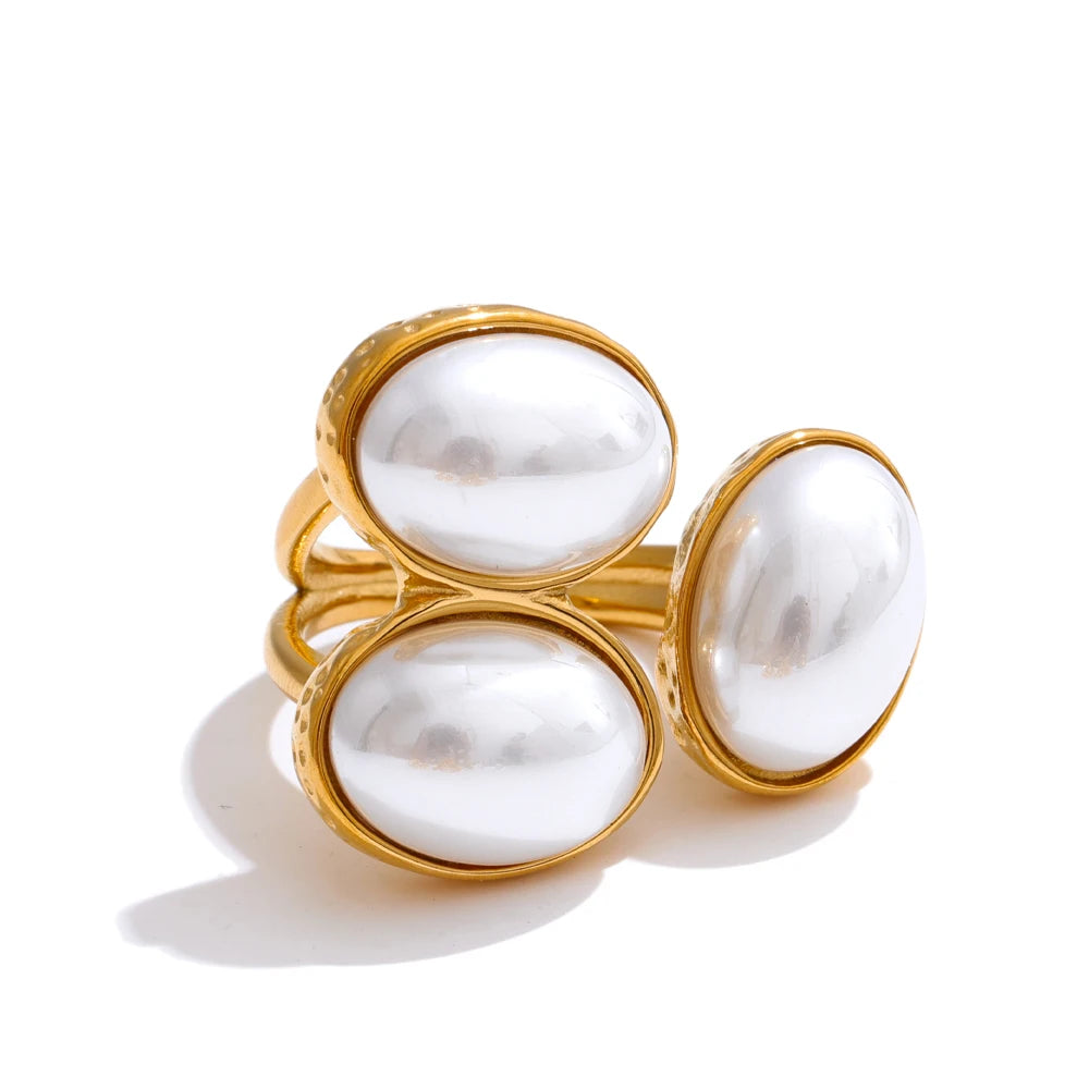 Yhpup Natural Aventurine Agate Stone Shell Pearl Flower Adjustable Ring Fashion Stainless Steel Charm Finger Jewelry Accessories