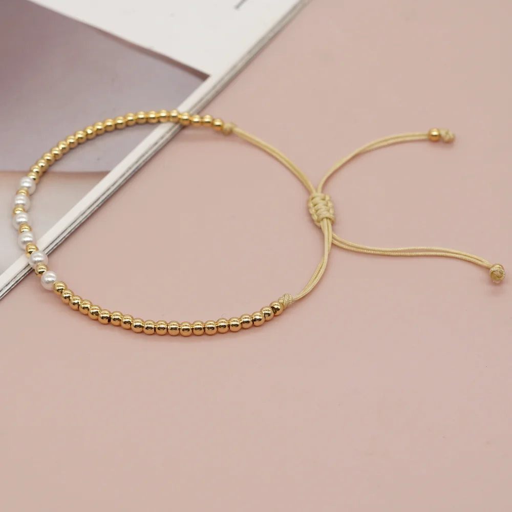 Gold Plated Beaded Surfer Bracelets Natural Pearl Charm Bracelet Handmade Fashion Summer Jewelry for Women Teen Girl Gift