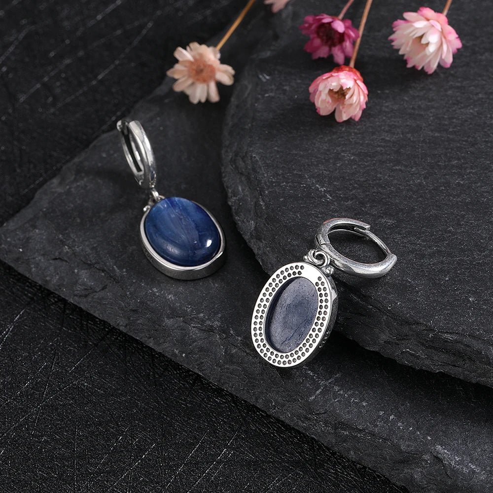 Simple Style Large Oval Natural Kyanite S925 Silver Hoop Earrings Gems Elegant Pendant Luxury Jewelry Anniversary Gift