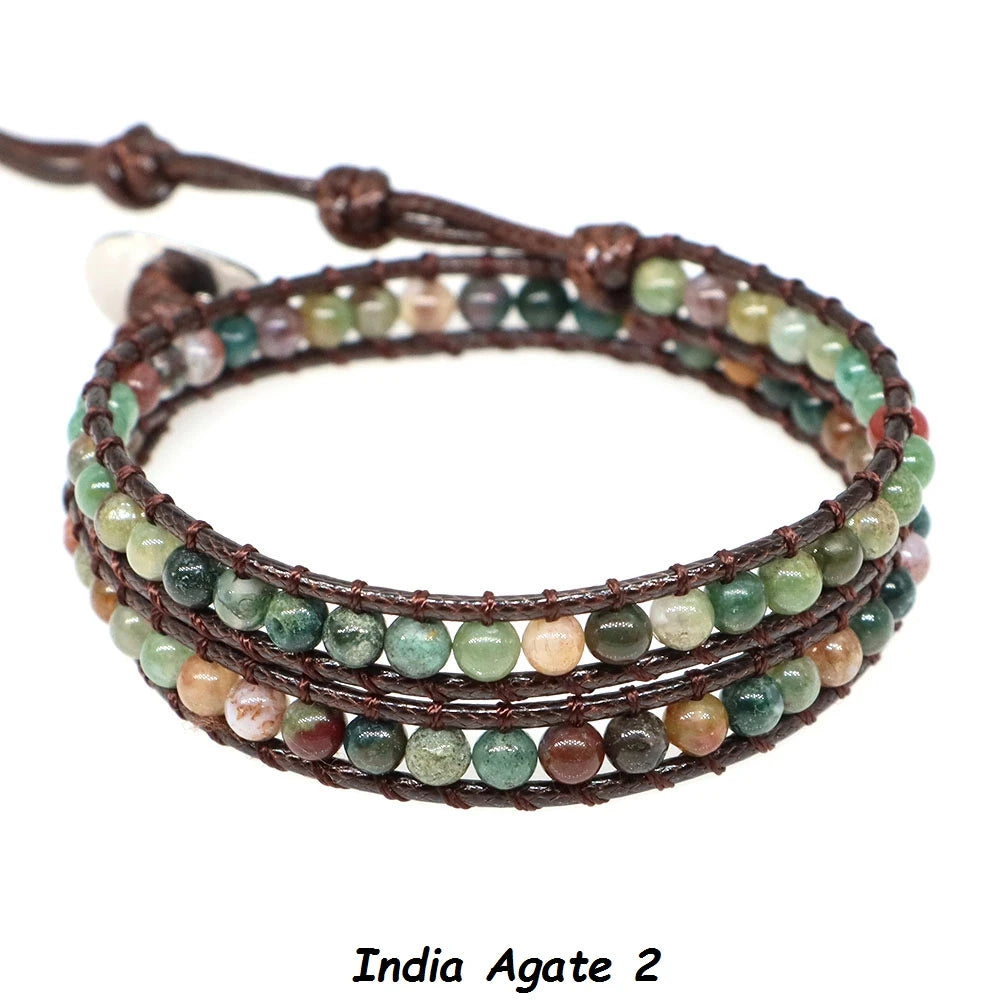 Natural Stone Bohemian Wrap Bead Bracelet Lapis Lazuli 2 Strands Multilayer Leather Rope Woven Bangle For Women Men Jewelry Gift