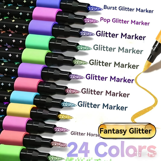 24 Colors Colorful Double-Ended Glitter Pens with Fast-Drying Glue-Like Ink - Fine Tip Tip-To-Base for Scrapbooking, Card Making