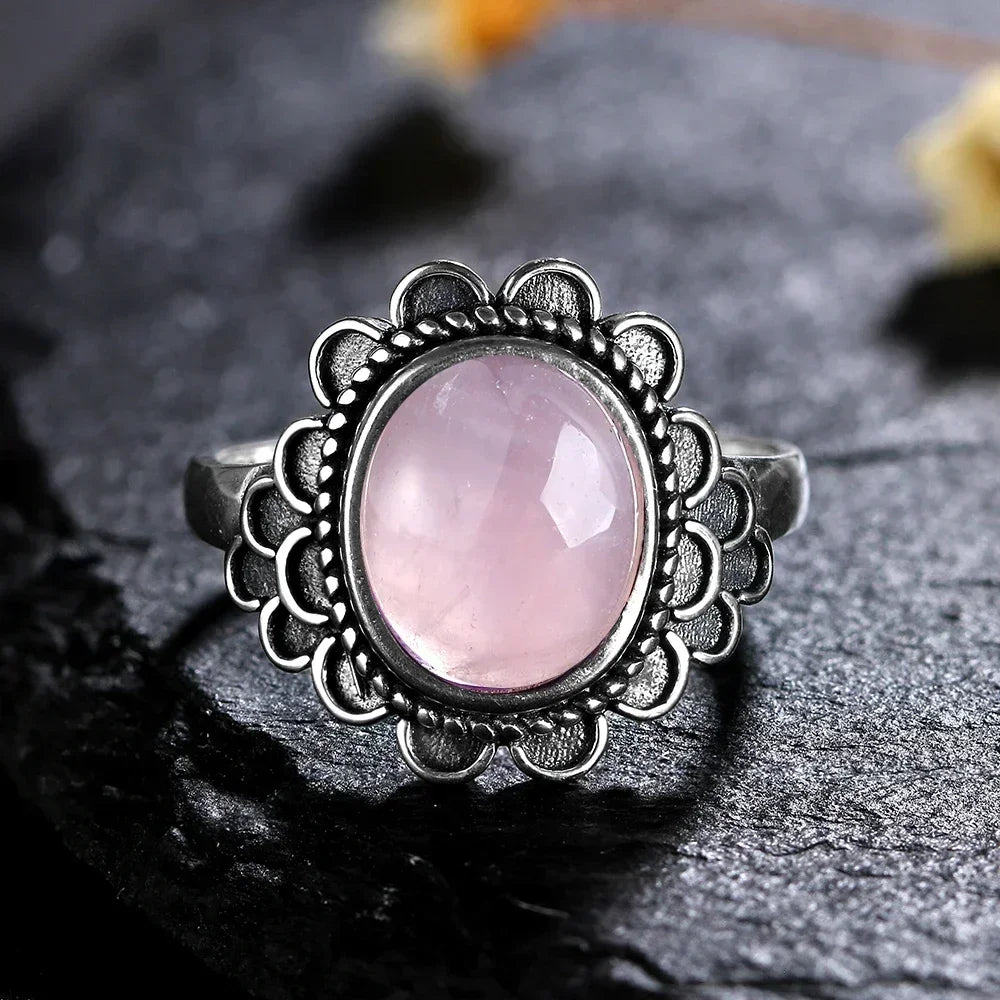 S925 Sterling SilverRing for Women Oval Round Natural Rose Quartz Ring Gift Sun Shaped Retro Luxury Fashion Fine Jewelry