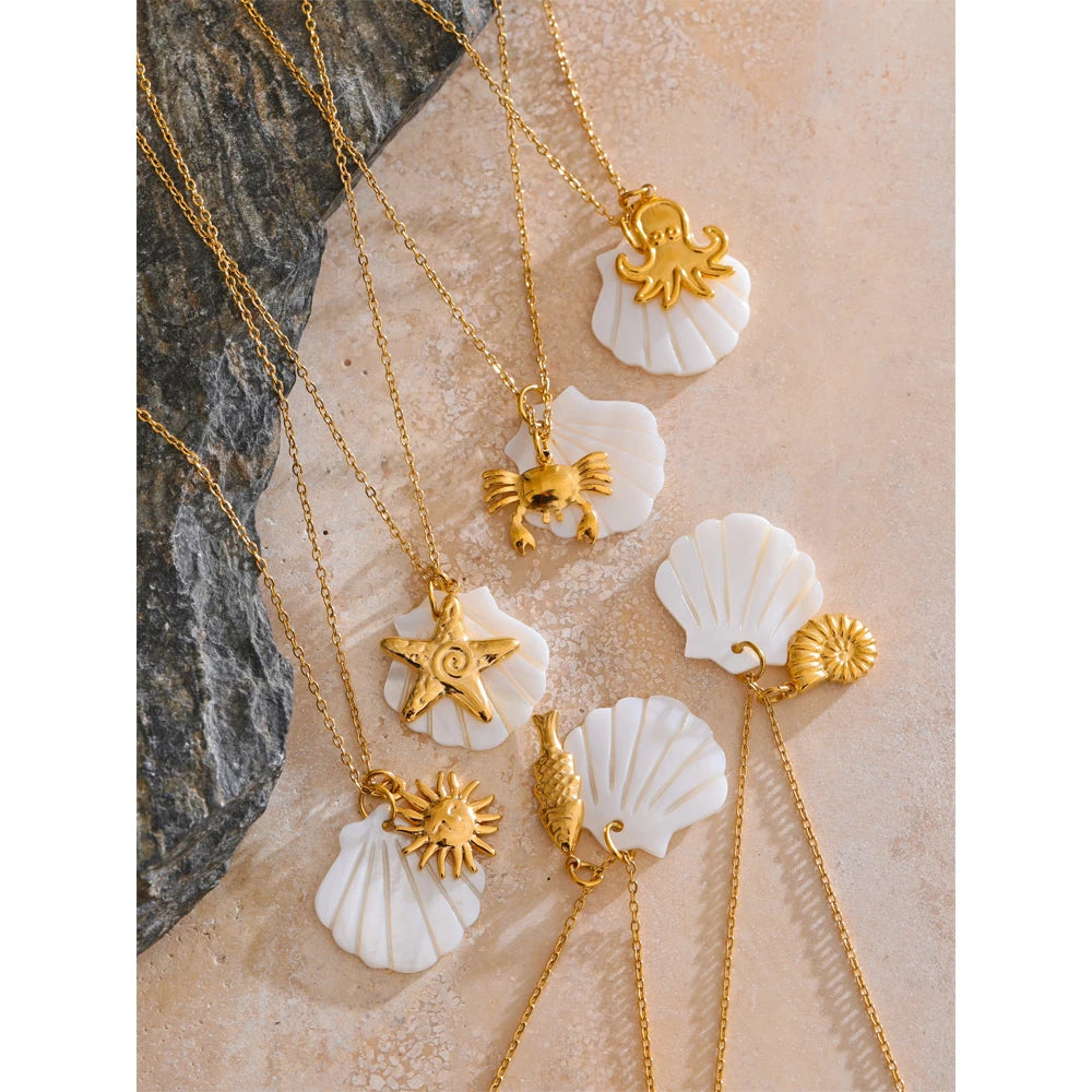Yhpup Summer Ocean Style Shell Starfish Conch Pendant Necklace 18K Gold Color Plated Waterproof Charm Jewelry Gift
