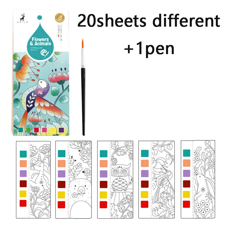 Portable Children Watercolor Painting Book 20 Sheets Gouache Graffiti Picture 1 Pen Coloring Water Drawing Books Set Kids Toys