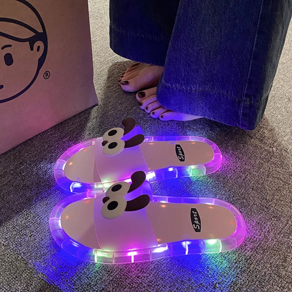 New PVC LED Light Up Slippers Non Slip Open Toe Light Up Sandals Cartoon Puppy Luminous Sandals Beach