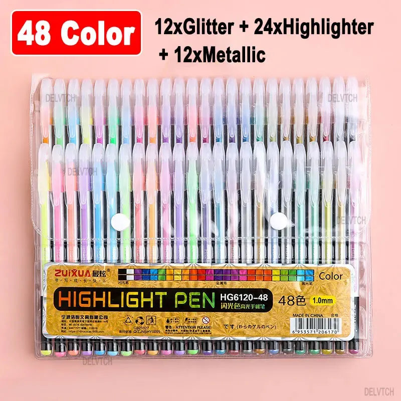 DELVTCH 12/24/36/48 Color Set Glitter Metallic Highlighter Gel Pen 1.0mm Tip For Art Marking Painting Drawing Kids Graffiti Gift