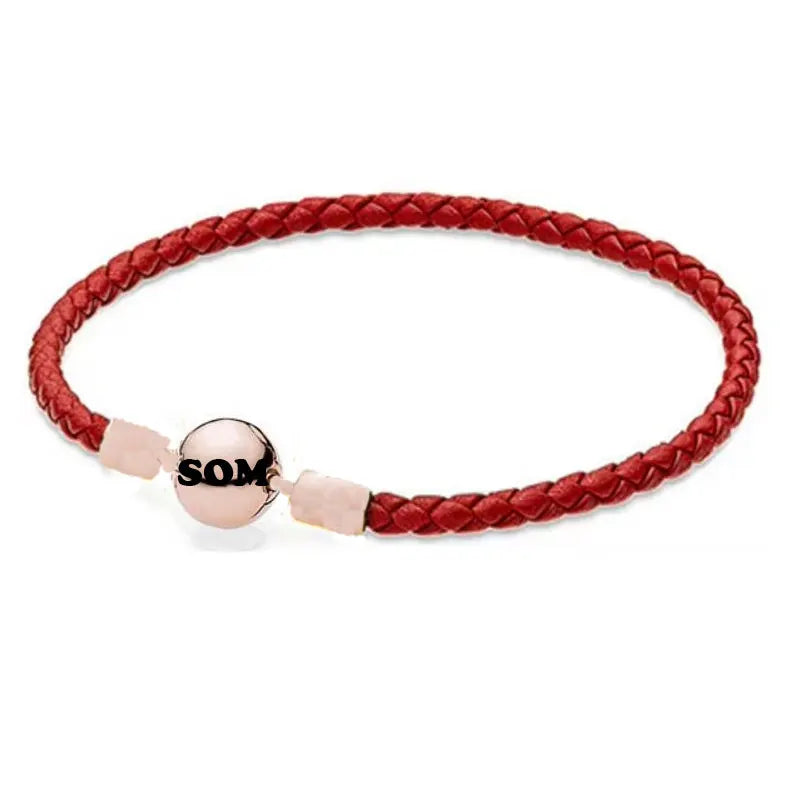 Somi lia- Genuine Ladies Classic Red Natural cowhide Bracelet For Women S925 Fit European Style Charm And Bead,Fashion Jewelry,