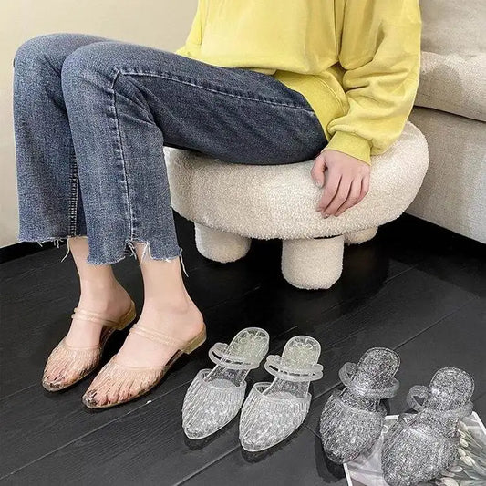 Casual Style Women's Crystal Jelly Sandals Summer Anti-slip Slippers Half Slippers Head Covered Fashionable Cool Slippers