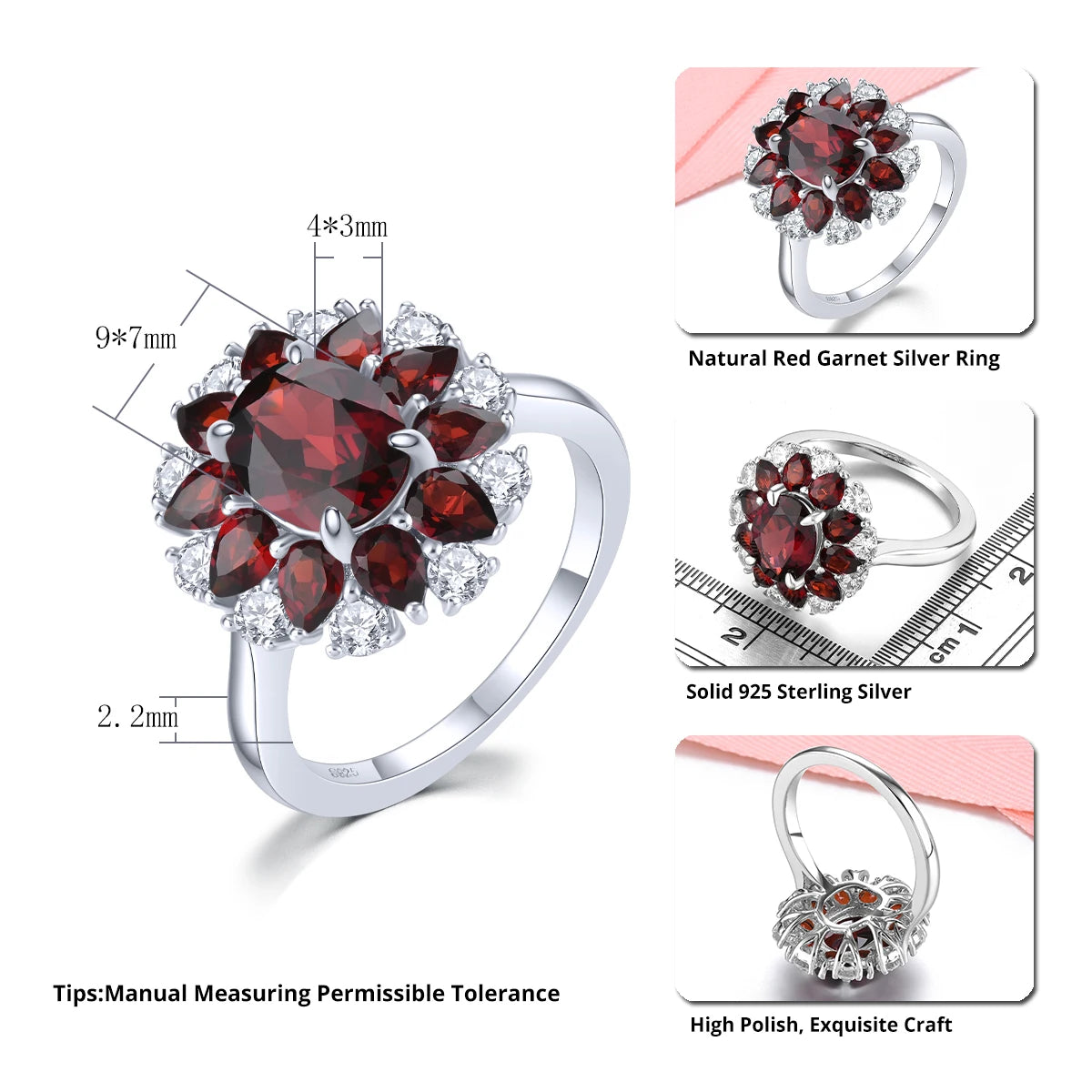 Natural Red Garnet Solid Sterling Silver Rings 4.2 Carats Genuine Birthstone Classic Romantic Fine Jewelry Design S925 Gifts