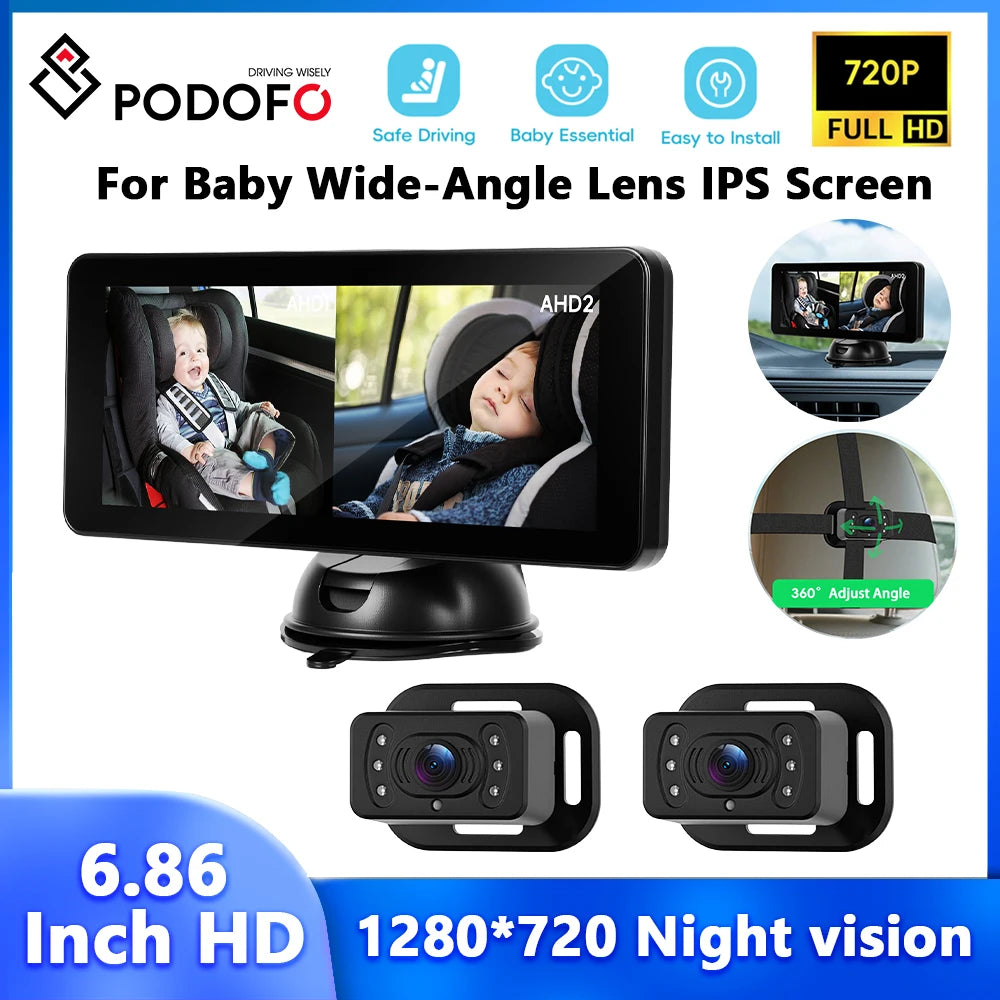 Podofo 6.86'' IPS Screen Display Car Rear Baby Monitor with Dual Cameras AHD Wide-angle Backup Monitor Real-time Baby Monitoring