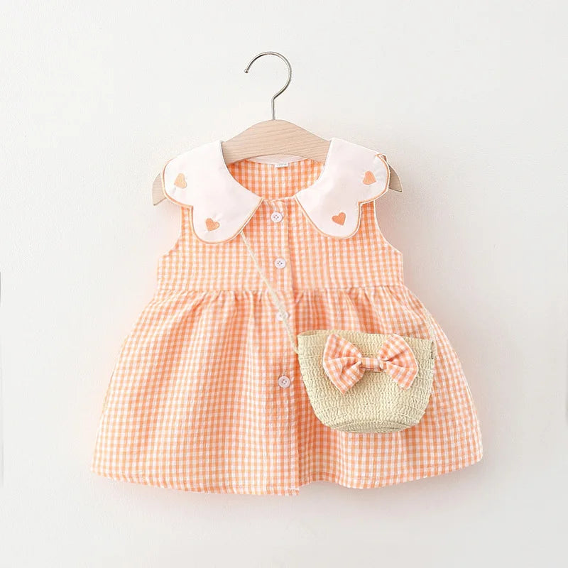2Pcs/Set Toddler Girl Plaid Dresses Love Lapel Sleeveless Cotton Baby Children Clothes Summer Kids Costume 0 To 3 Years + Bag