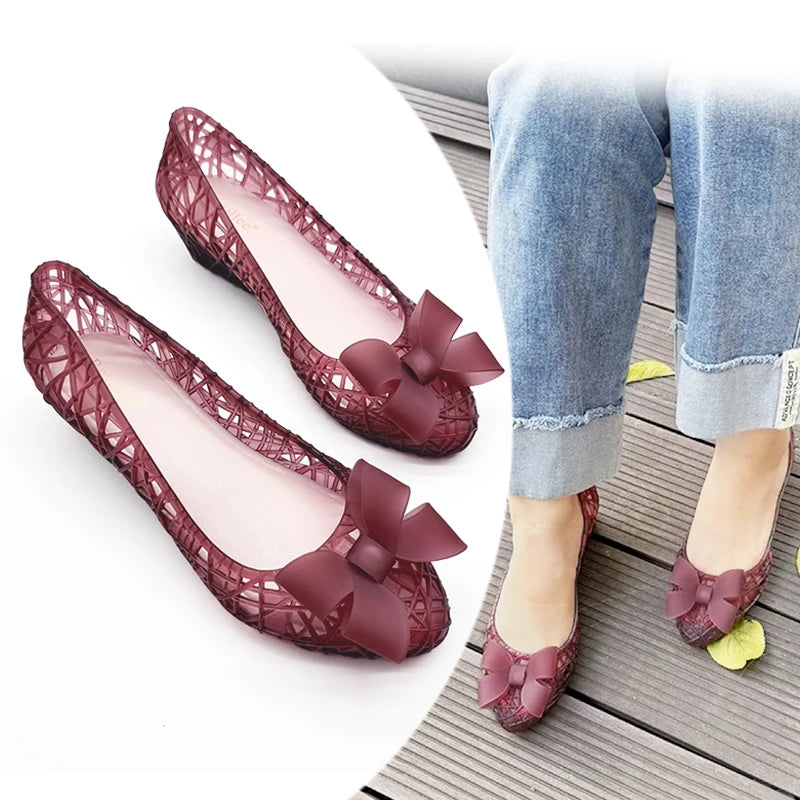Resillee Women  Hollow Out Bow Knot Jelly Shoes Summer Breathable PVC Ballet Flats Low Wedge Waterproof Beach Casual Sandal