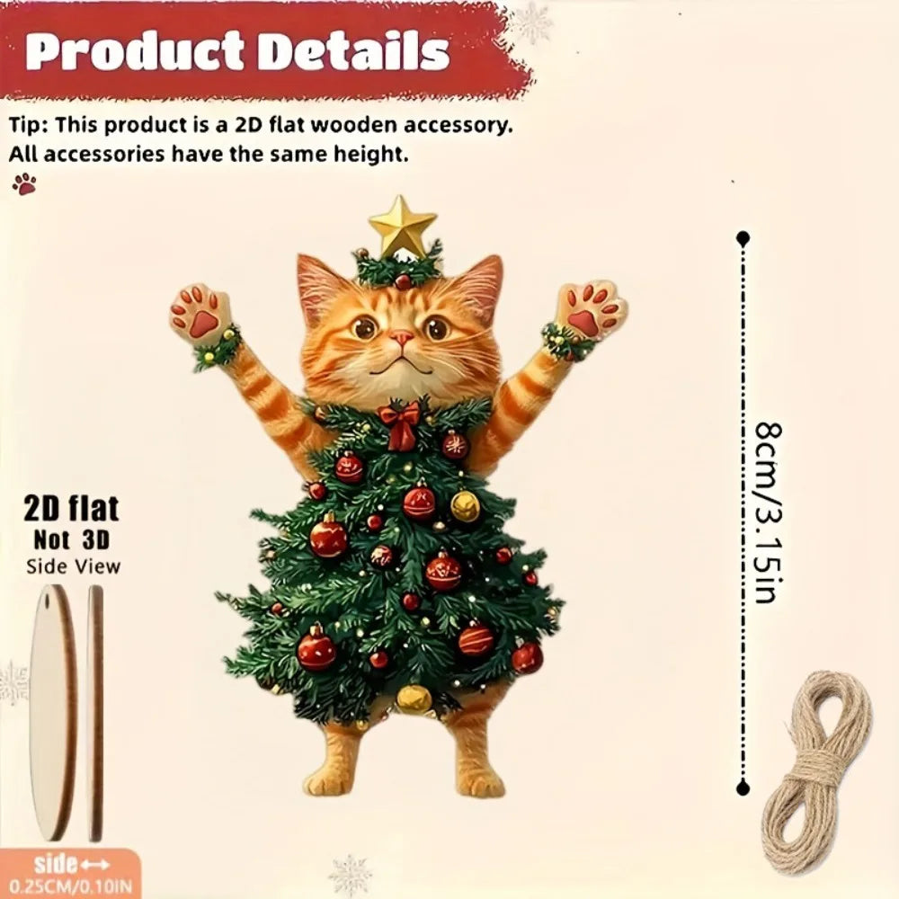 Christmas Cat Ornaments 2D Wooden Cute Xmas Tree Cat Hanging Decorations Holiday Party Home Window Christmas Tree Pendant Gifts