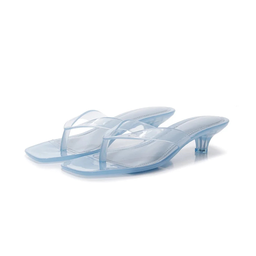 Glam Sheer Heeled Jelly Thong Sandals Women's Transparent Strap Square Toe Kitten Heels Woman Trendy Flip Flops Night Out Shoes