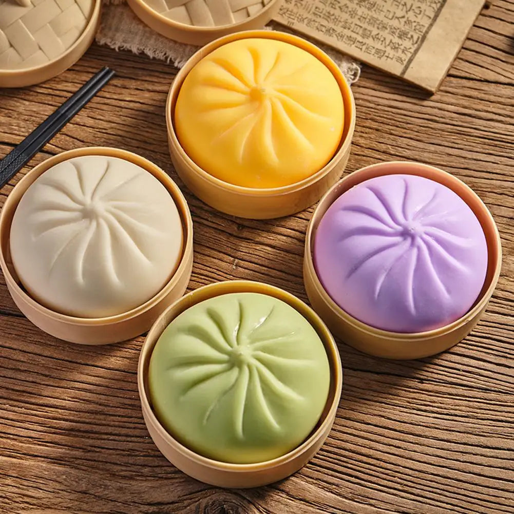 Colorful Dumpling Squishes Stress Balls Fidget Sensory Toys Simulation Food Squishies Bun with Steamer Squeeze Dough Ball Gifts
