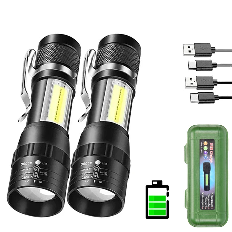 COB+XPE Mini Portable Flashlight Zoomable Small Torch USB Rechargeable Outdoor Camping Fishing Long Range Emergency Lantern