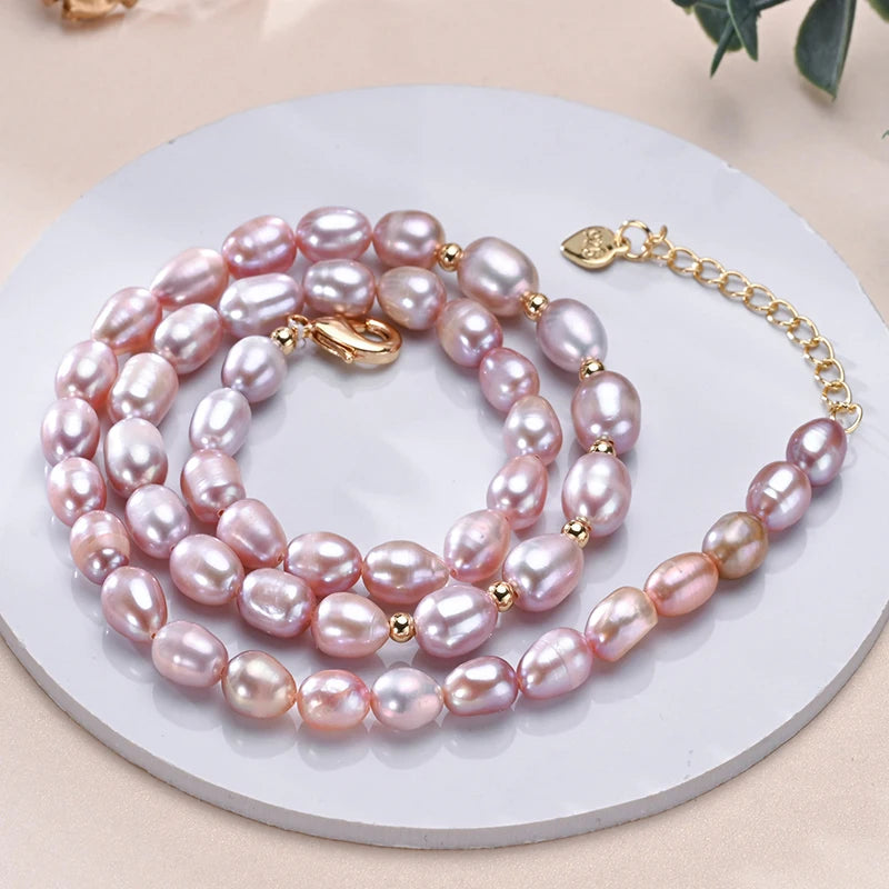 Natural Freshwater Pearls Rice Shape Multicolored Necklace Golden Beads S925 Sterling Silver Chain Fine Jewelry Gifts for Women