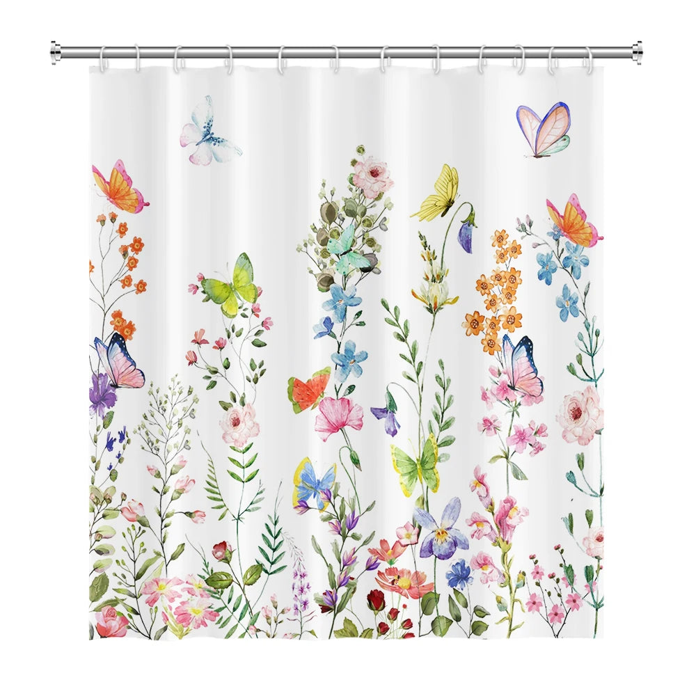 Tropical Greenery Leaf Shower Curtain Tulip Bathroom Curtain Romantic Refreshing Curtain Polyester Waterproof Bathroom Shower